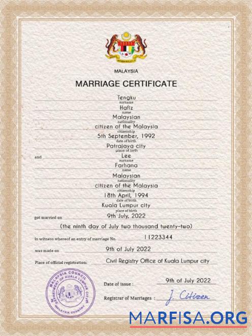Printable Malaysia marriage certificate PSD template